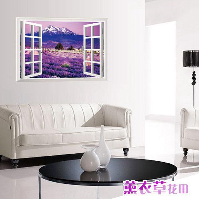 Creative simulation stereo wall stickers room decorative fake window scenery lavender wallpaper