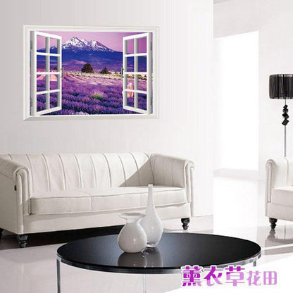 Creative simulation stereo wall stickers room decorative fake window scenery lavender wallpaper