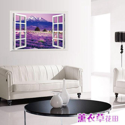 Creative simulation stereo wall stickers room decorative fake window scenery lavender wallpaper