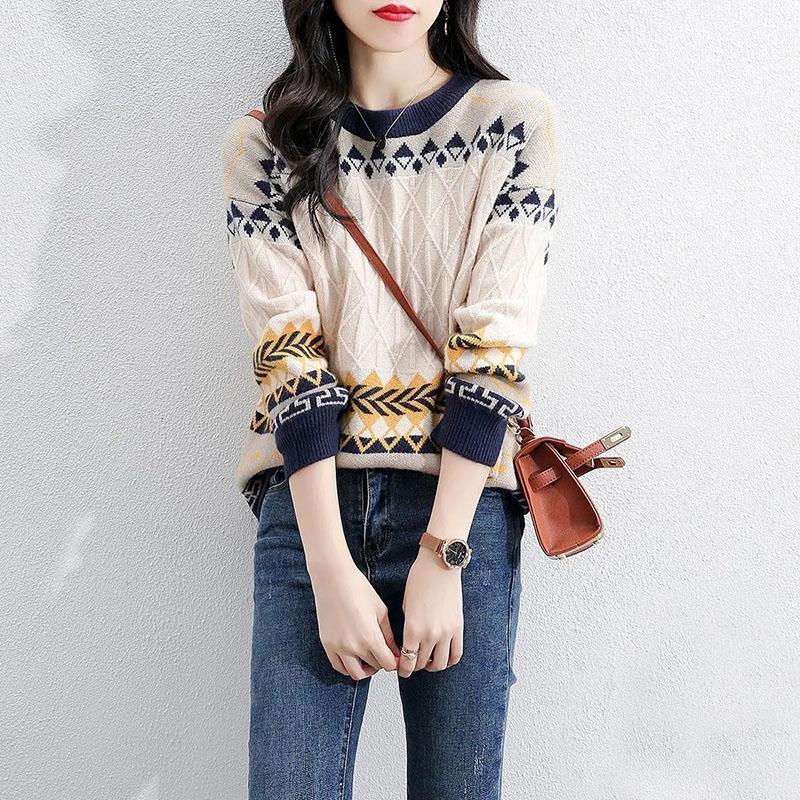 Sweater Women's Pullover Knitwear Korean Loose Plus Velvet Round Neck Tops Trending Lattice Sweater Autumn and Winter Tops