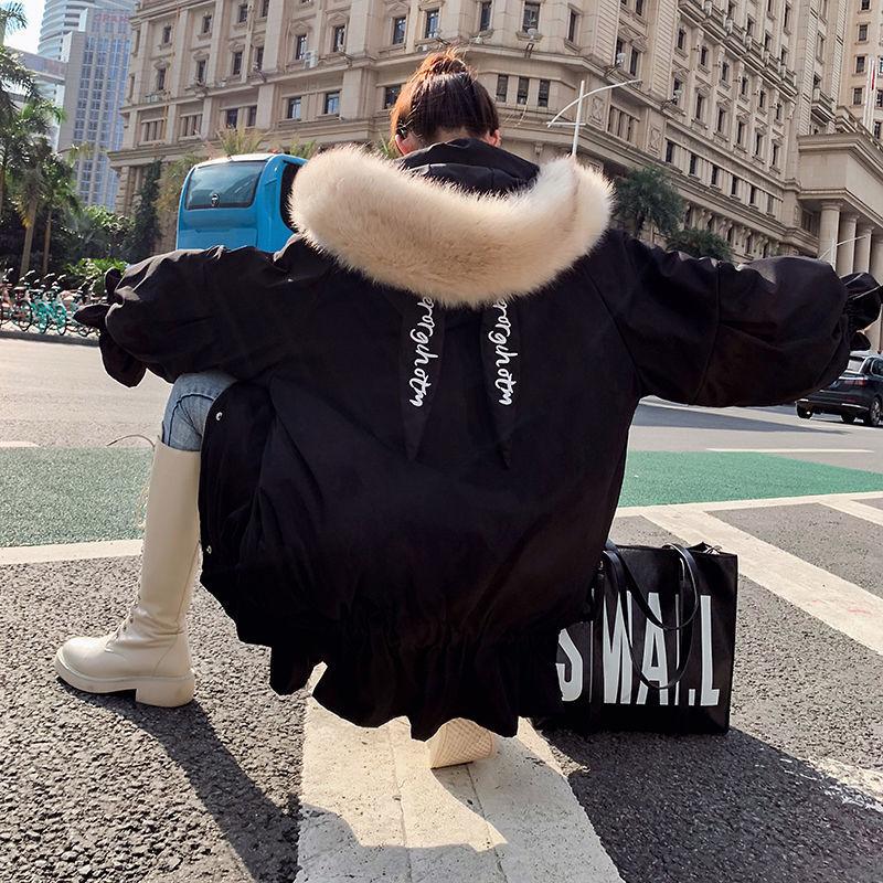 Winter Ruffled Thickened Women's Cotton-padded Jacket Mid-length Fur Collar Hooded Cute Rabbit Ears Cotton-padded Jacket Fashion Warmth Parka Coat
