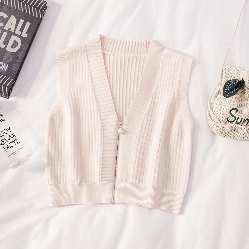 Women's Short Zipper Sweater Vest Autumn and Winter Korean Slim Sleeveless Sweater Sweater Vest Jacket