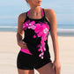 Plus Size Bikini Print Split Boxer Swimsuit Floral Cross Straps Suspender Set