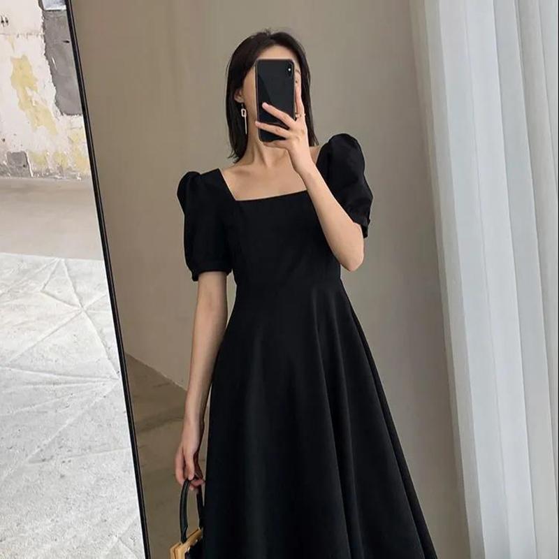 Sexy Black Woman Square Collar Puff Short Sleeves Mid-calf Dress Wedding Part