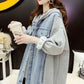 Mid-length Loose Hooded Sweater Cardigan Women's Stitching Denim Jacket Women's Solid Color Long-sleeved Warm Jacket with Pockets