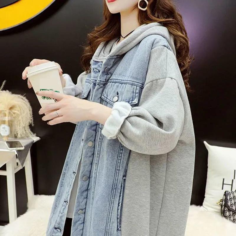 Mid-length Loose Hooded Sweater Cardigan Women's Stitching Denim Jacket Women's Solid Color Long-sleeved Warm Jacket with Pockets