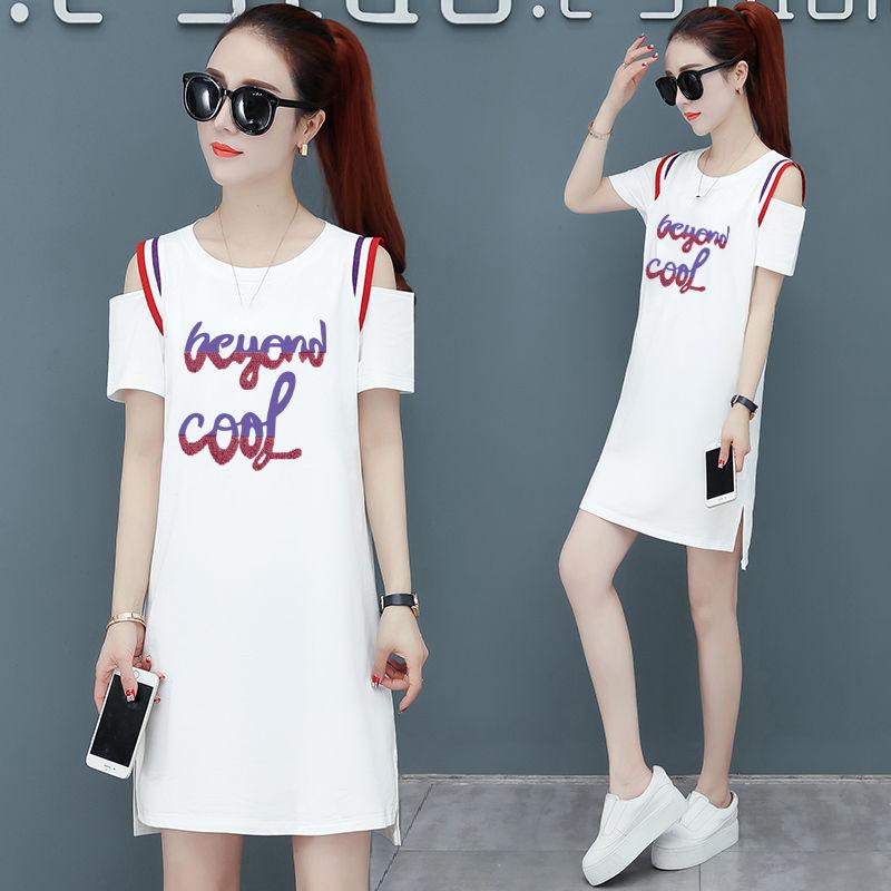 Cotton Mid-length T-shirt Women's Round Neck Short-sleeved Dress Loose and Thin T-shirt Skirt Round Neck Strapless Mid-length T-shirt Skirt Women