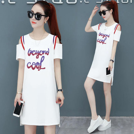 Cotton Mid-length T-shirt Women's Round Neck Short-sleeved Dress Loose and Thin T-shirt Skirt Round Neck Strapless Mid-length T-shirt Skirt Women