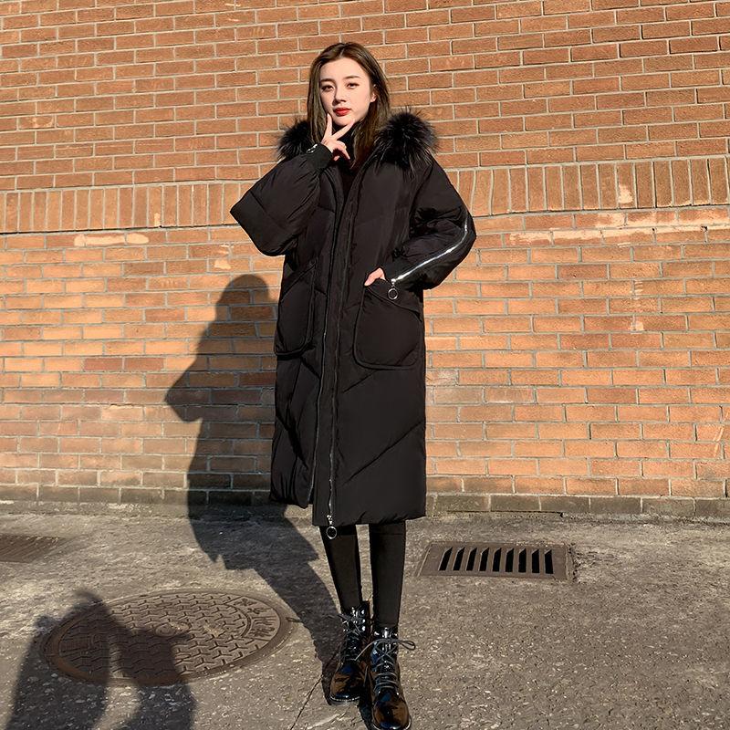 Women's Mid-length Cotton-padded Jacket Winter Fluffy Fur Collar Hooded Loose Down Cotton-padded Jacket Over-the-knee Padded Warm Jacket