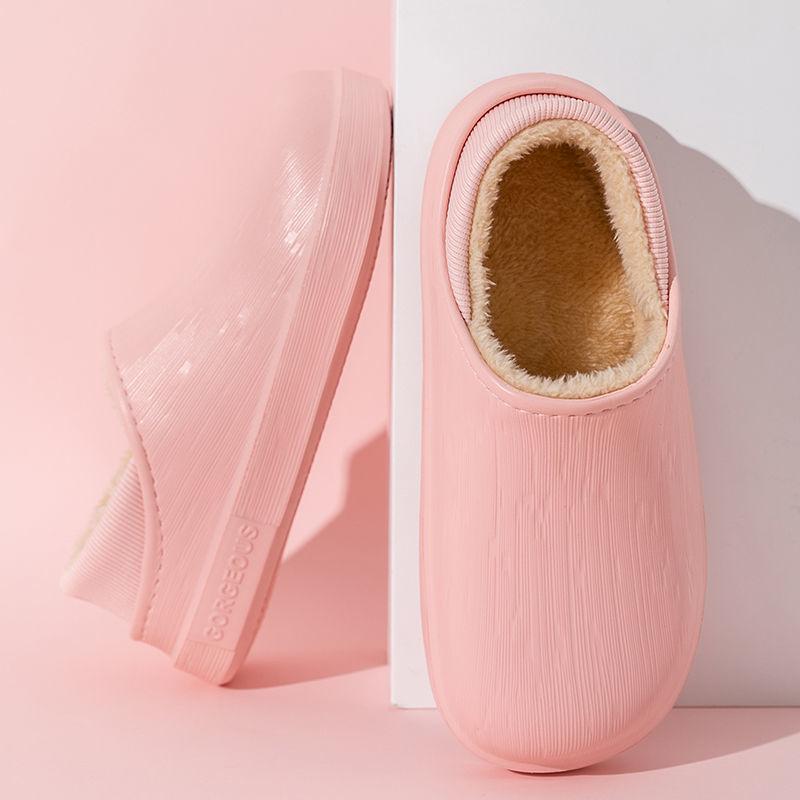 Waterproof Cotton Slippers for Women Winter Indoor and Outdoor Cute Plus Velvet Warm Shoes for Home Non-slip Wool Slippers
