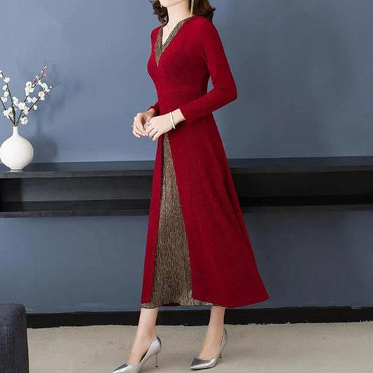 Women's Temperament Fake Two-piece Slim High Waist Slim Large Size Dress Autumn Cheongsam Long Sleeve Split Long Dress