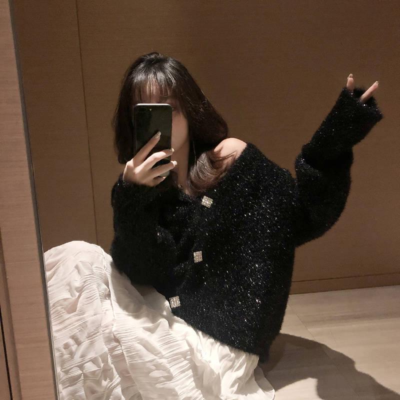 Women Bright Silk Cardigan Jacket Short Loose Lantern Sleeve Sweater Plus Size