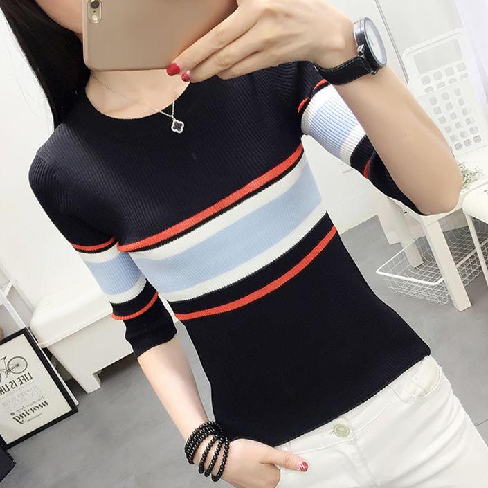 Long-sleeved Sweater Sweater Women's Autumn Round Neck Sleeves Fashion Striped Bottoming Shirt