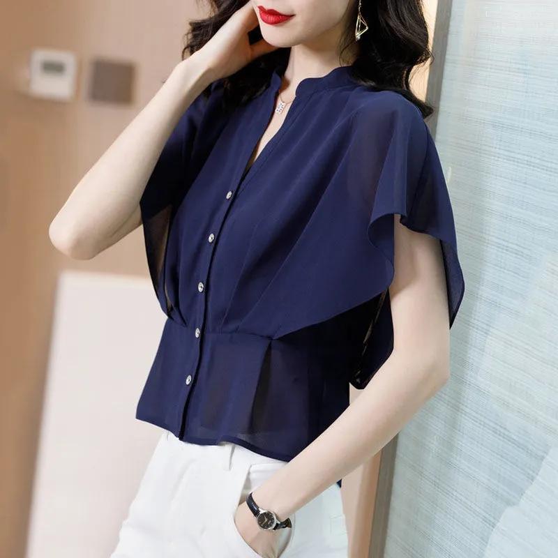 Chiffon Shirts Short Sleeve Women's Blouses Summer Slim Waist Short Blouse V-neck Buttons Trumpet Sleeves Temperament Tops Casual All Match Female Top