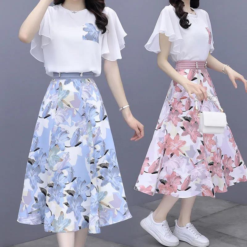 Women's Summer Clothing Set Elegant Butterfly Sleeve Chiffon Top High Waist Printed A-Line Hip Dress Two Piece Set Summer Plus Size Beach Dress Suit