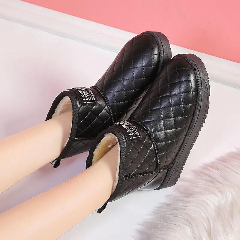 Snow Boots Women Winter Plus Velvet Korean Leather Warm All-match Flat-bottomed Lightweight Non-slip Boots
