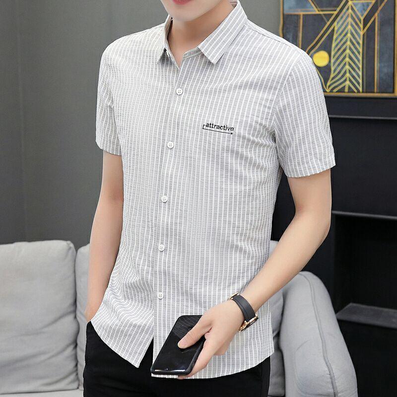 Men's Short-sleeved Shirts Summer Slim and Handsome Casual Shirts Youth Men's Half-sleeved Shirts Stripes