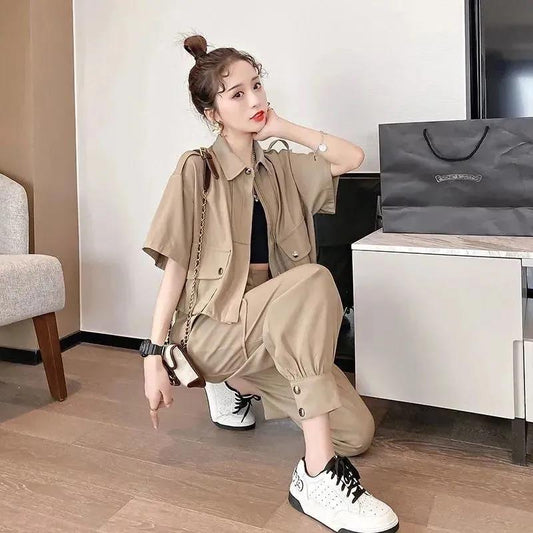Workwear Professional Suit Women Summer Plus Size Casual Two-piece Short-sleeved Top Loose Overalls Casual Women's Suit Cool Girl