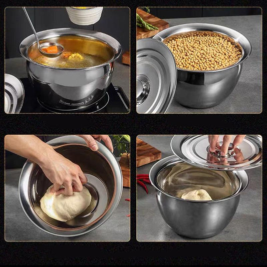 Extra-thick Stainless Steel Oil Basin with Lid Large Soup Basin with Seasoning Round Lard Egg Beater