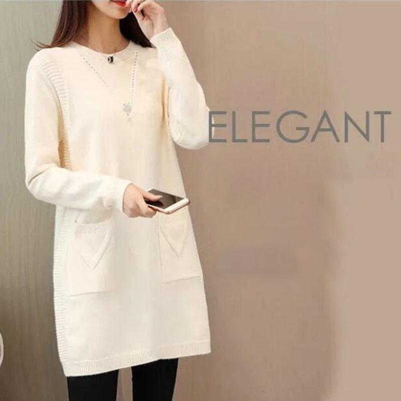 Women's Mid-length Knit Sweater  dress Winter Loose Round Neck Pullover Sweater Thick Knitwear Skirt with Pockets