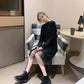 Pofulove Women Chiffon Sweater Dress Long Section Turtleneck Beading Lace Knitted Skirt Pullover