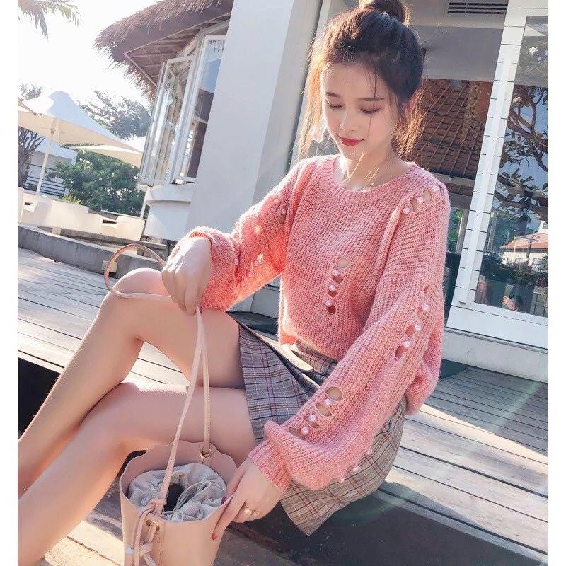 Knitted Hollow Large Size Top Personality Beaded Thin Sweater Soft and Skin-friendly