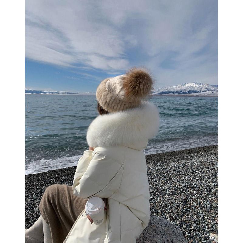 Down Jacket Women's Mid-length White Duck Down Korean Style Loose Over-the-knee Jacket Design Sense of Winter Big Fur Collar Tide