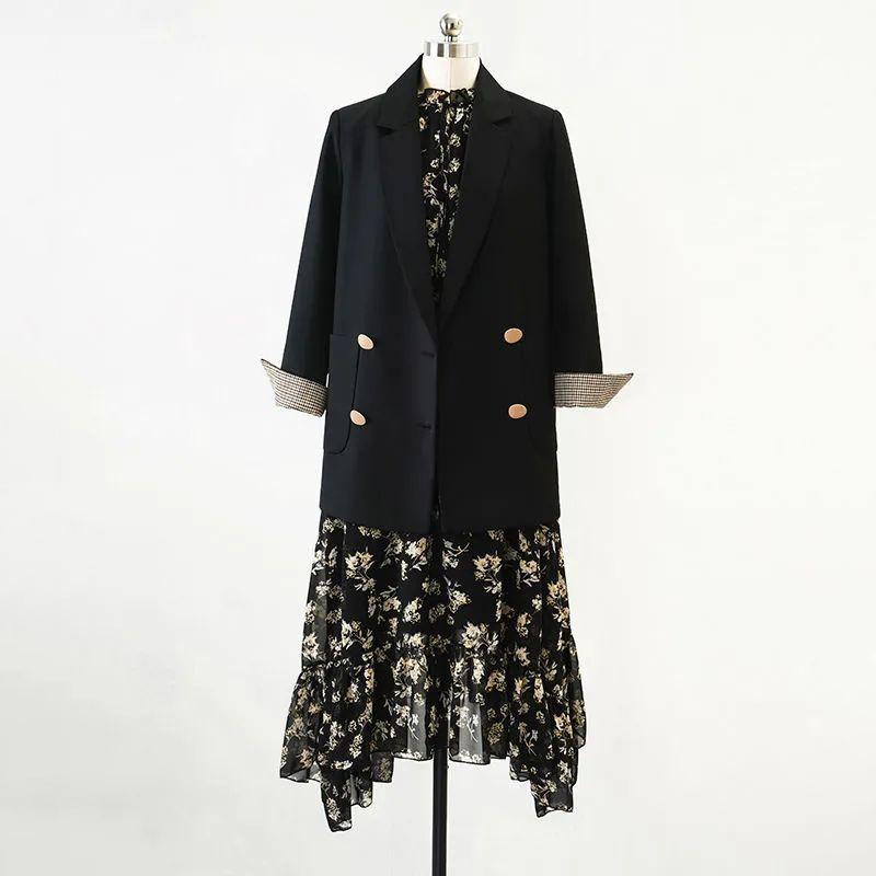 Leisure Suit Jacket Female Long Section of The Spring and Autumn Suit Slim British Style Double-breasted Suit Jacket Women's Casual Loose Coat