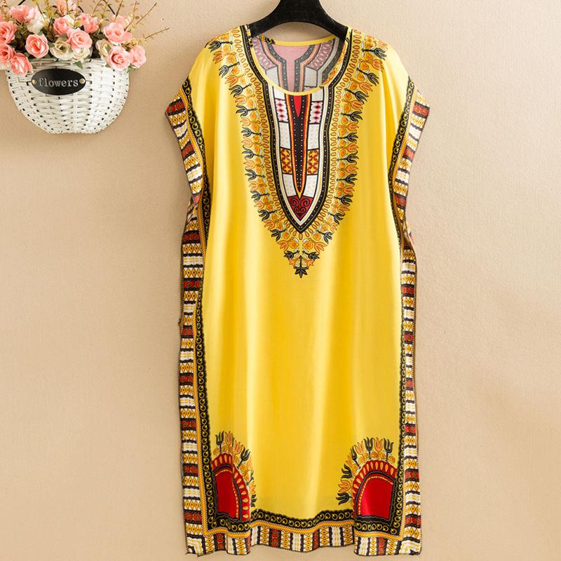 Summer Ethnic Print Dress Round Neck Cotton and Linen short  Sleeve Loose Mid-length Vest Skirt Daily Thin