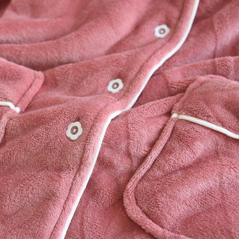 Winter Sleepwear Set Women Coral Fleece Pajamas Suits Flannel Thick Velvet Warm Homewear with Pockets Tops and Pants Long Sleeve Turn-down Collar
