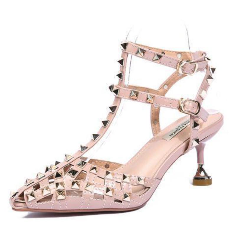 High heel female rivets summer thin heel pointed sandals feminine all-match Europe and America