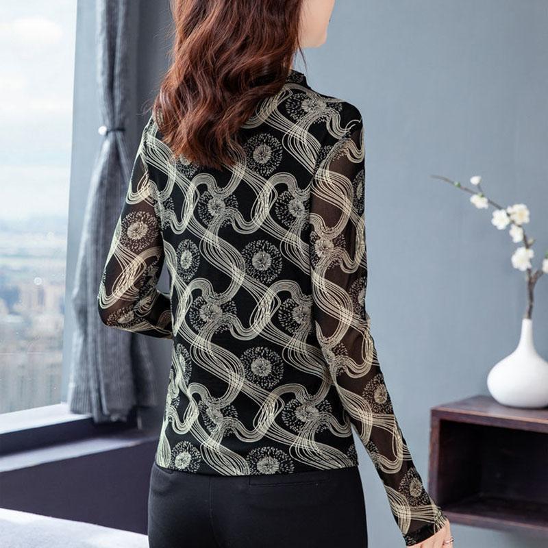 Women's Spring and Autumn Long-sleeved V-neck Slim Bottoming Shirt Printed Top