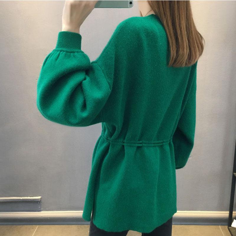 Autumn and Winter Thick Knit Top Loose Mid-length Waist Sweater V-neck Simple Women's Bottoming Shirt