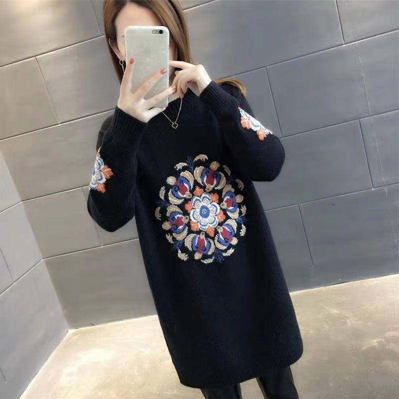 Autumn and Winter Mid-length Coat Loose Casual Thick Top Long Sleeve Knitted Sweater for Women