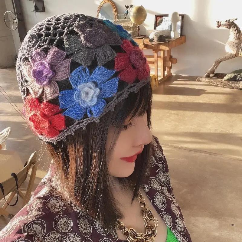 Gradient Stereo Flower Bag Head Hat Woman National Handmade Crochet Knit Hat Openwork Towel Hat