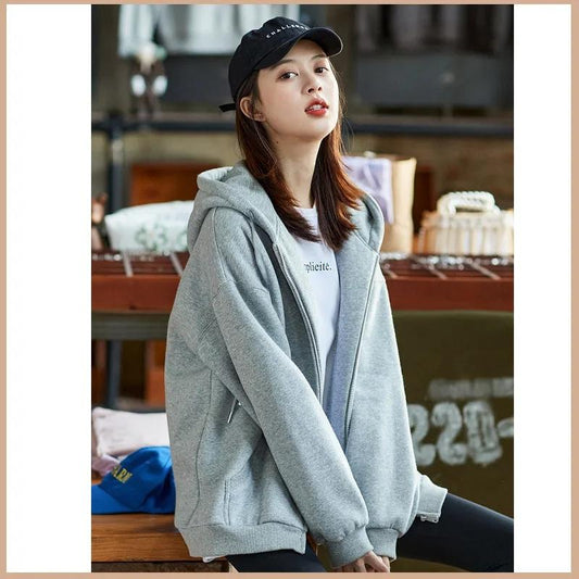 Loose Hooded Sweater Women's Autumn and Winter Coat Short Korean Version Plus Velvet Thick All-match Zipper Cardigan Casual Jacket Top Sportswear