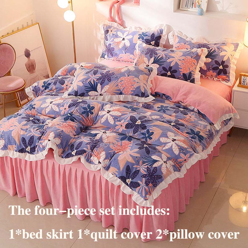 Thickened Milk Velvet Four-piece Bed Skirt Quilt Cover Pillowcase Plus Velvet Warmth Double-sided Quilt Cover Set Princess Celebrity Style