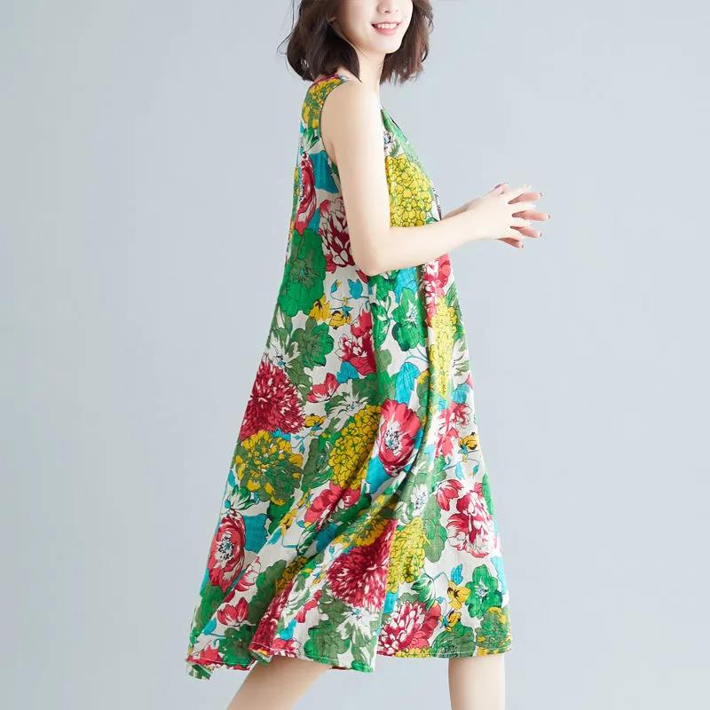 Women's Skirt Printed Sleeveless Round Neck Dress Summer Loose Mid Length Dress