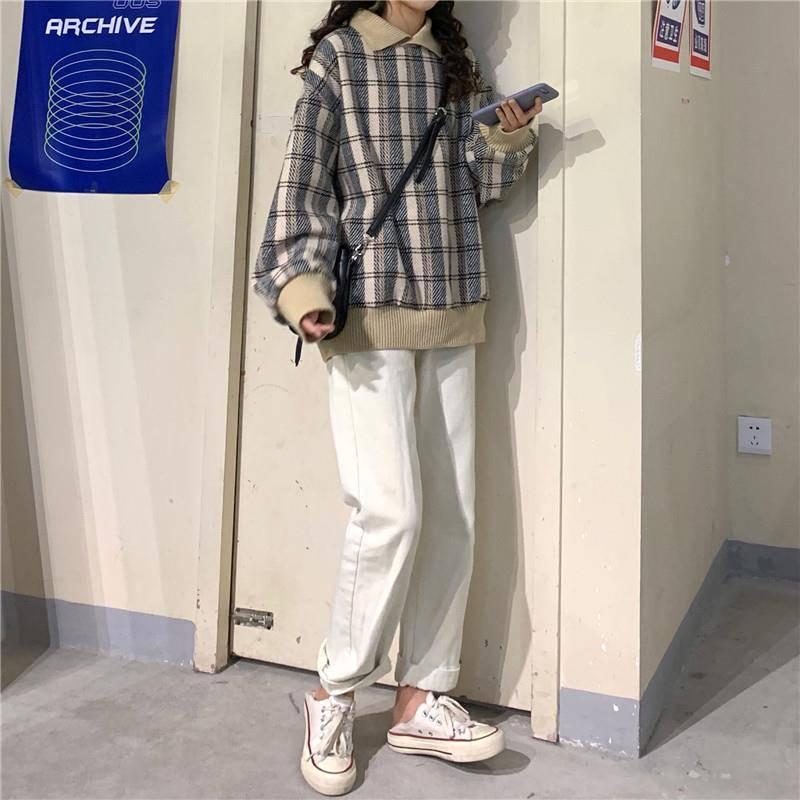 Autumn and Winter Warm Plaid Lapel Stitching Pullover Sweater Girl Loose Wild Woolen Coat