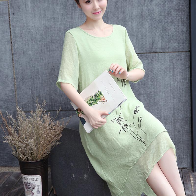 Summer Retro Ethnic Print Dress Mid-length Plus Size Fake Two Pieces of Bamboo Print Solid Color