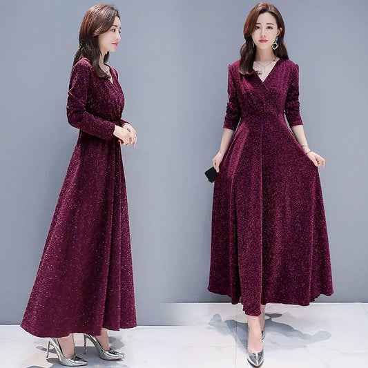 Real Shot V-neck Ladies Retro Elegant Retro Bright Silk Large Swing Long Knee Long Sleeve Dress