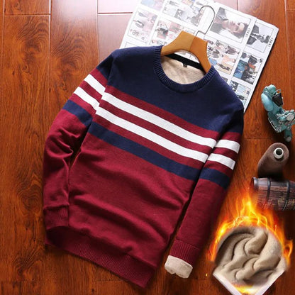 Pure Cotton Sweater Men's Striped Bottoming Sweater Long-sleeved Sweater Plus Velvet Thickening To Keep Warm
