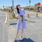 Woman Spring Summer Mid-length Dress Vintage High Waist Holiday Shirt Dress Short Sleeve Elegant Slim Pleated Dress