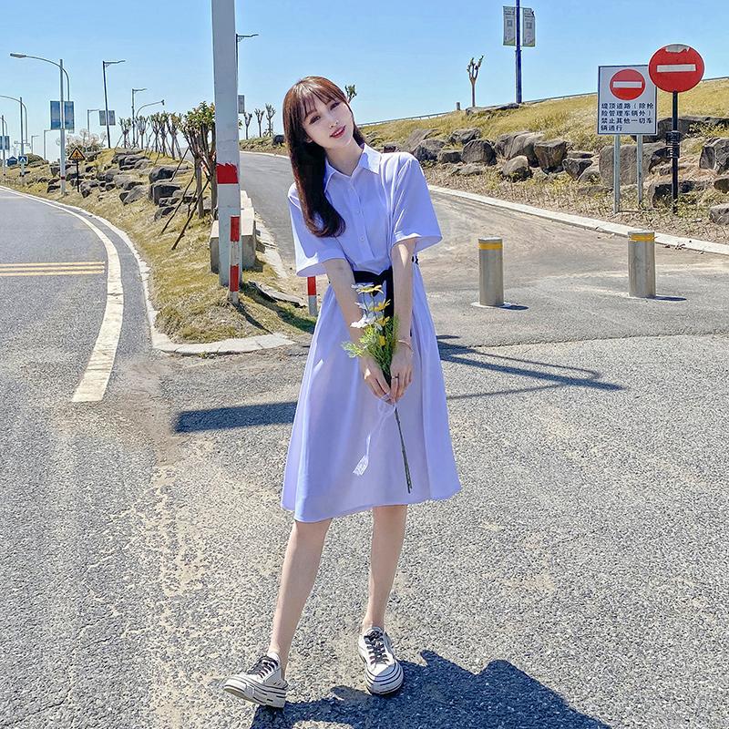 Woman Spring Summer Mid-length Dress Vintage High Waist Holiday Shirt Dress Short Sleeve Elegant Slim Pleated Dress