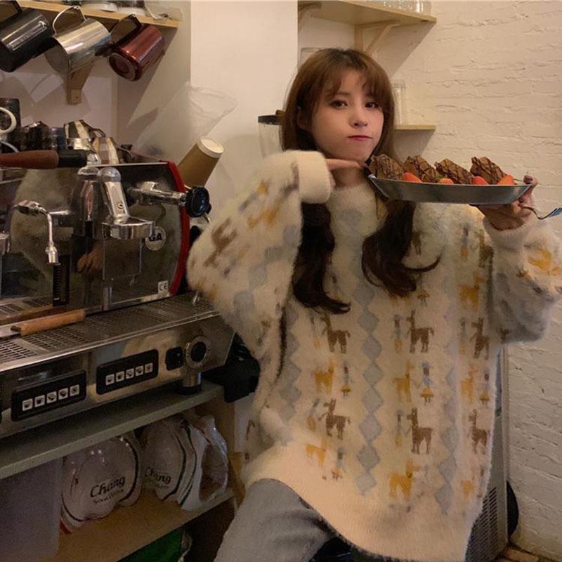 Sweet Style Top Loose Hedging Thick Coat Casual Round Neck Women Sweater
