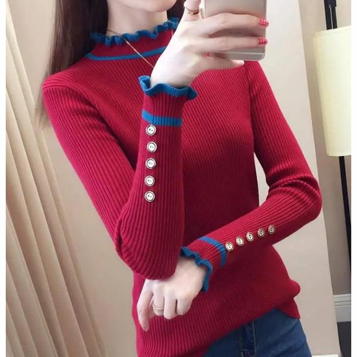 Autumn and Winter Slim-fit Padded Top Ruffled Long-sleeved Sweater All-match Base Sweater