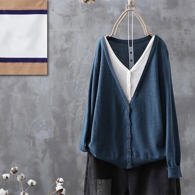 Splicing Fake Two-piece Knitted Sweater Women's Casual Cotton Cardigan Jacket Retro Literary