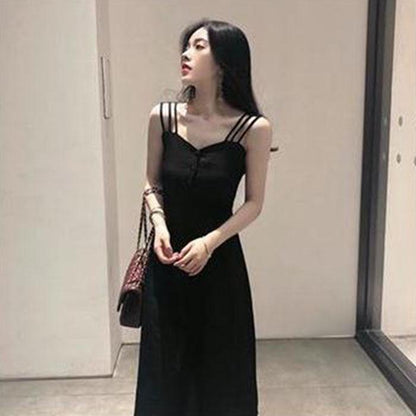 Pofulove Plus Size Women Vintage Black Camisole Dress Below The Knee Sexy Thin Vacation Beach Skirt