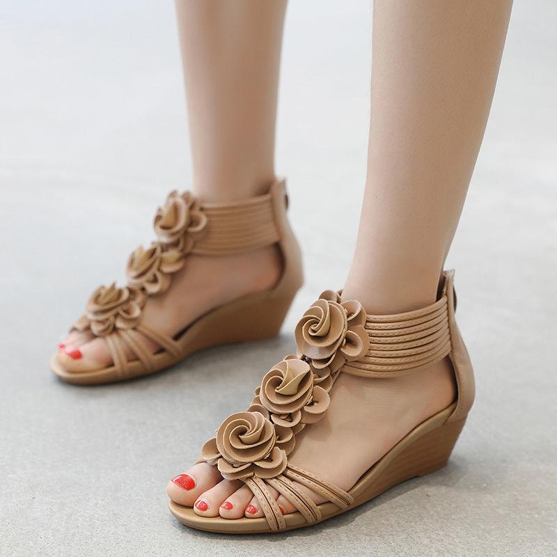 Sandals Women's Mid-heel 2021 Summer Slope Heel Back Zipper Bohemia All-match Flower Slippers Roman Shoes