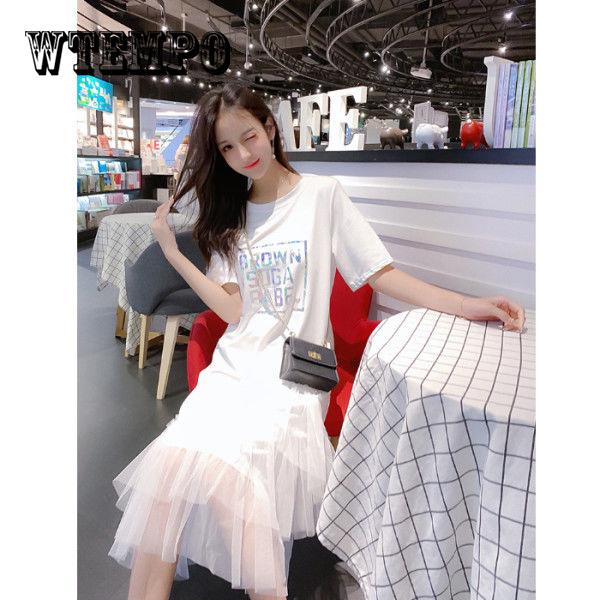 Women Mesh Patchwork Short Sleeve Ball Gown Elegant Casual A -Line Dresses O Neck Knee -Length Dress